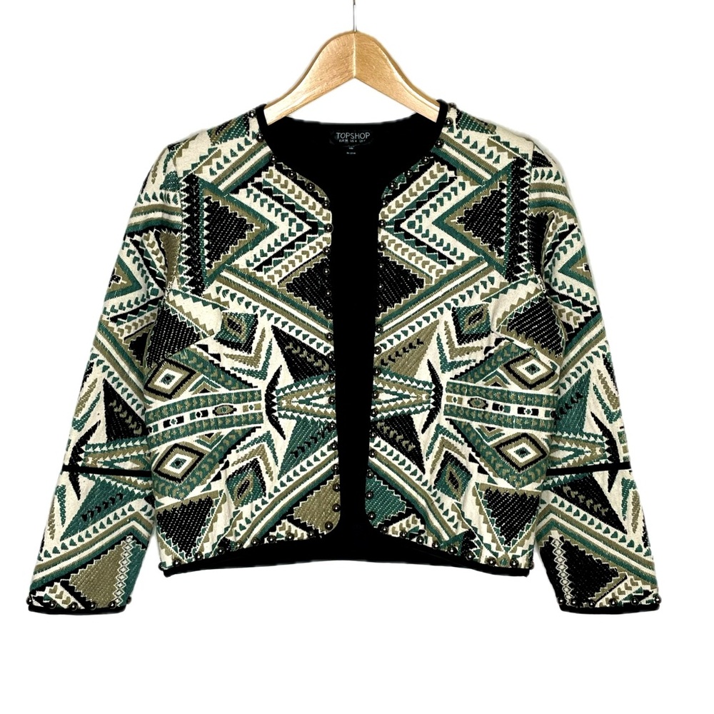 Topshop Embroidered Studded Jacket Womens Size 4 Aztec Geometric Cropped Blazer